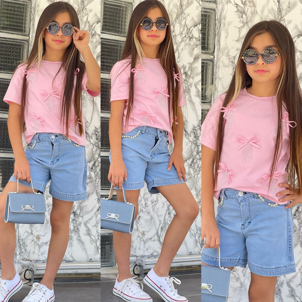 طقم بناتي صيفي 3 قطع شورت جينز مع الشنطة💕