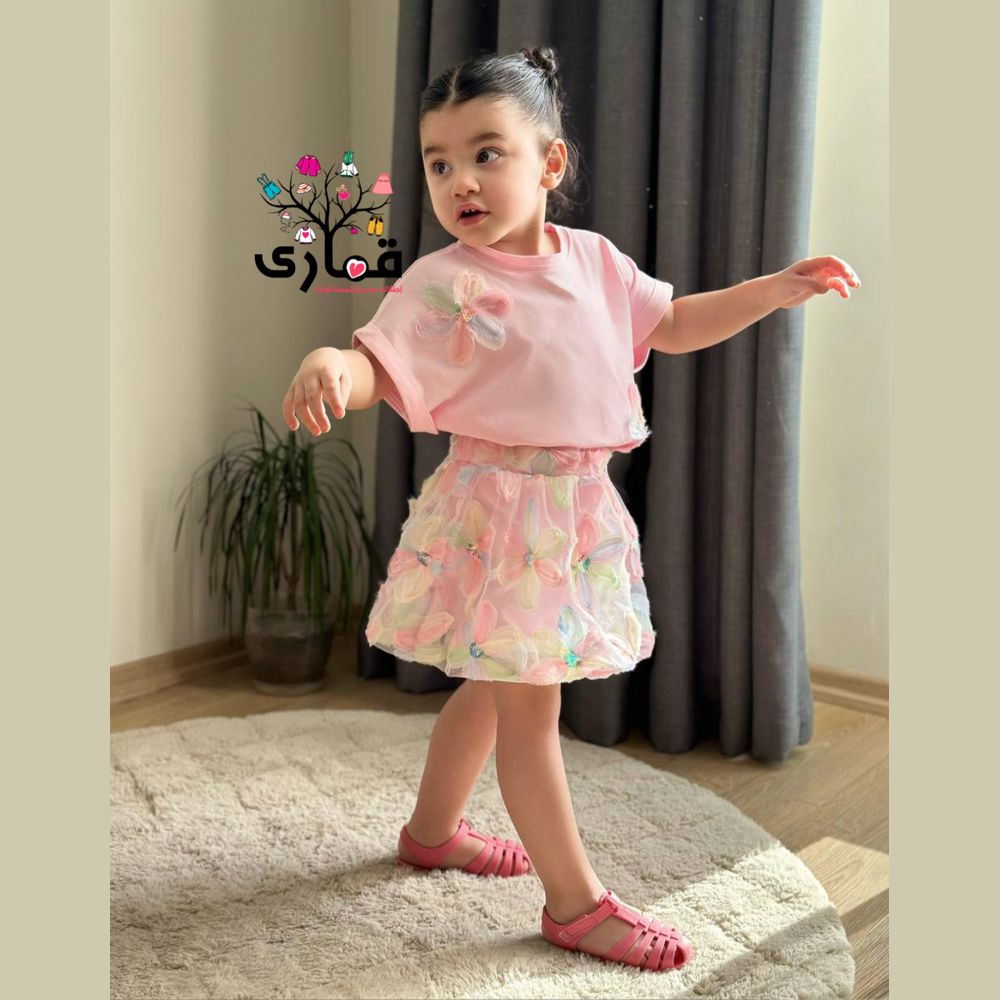 طقم بناتي قطعتين بلوزة وردية وفوطة مطرزة🌺