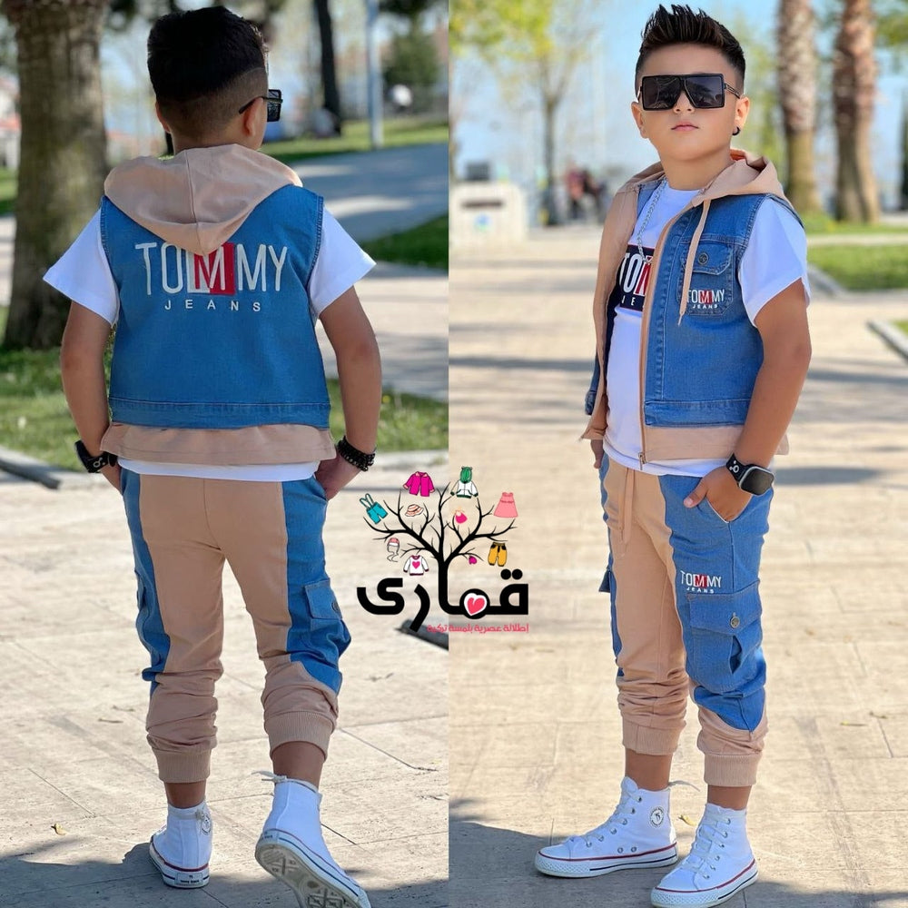 طقم ولادي كاجوال 3 قطع جينز مع قطن 💙