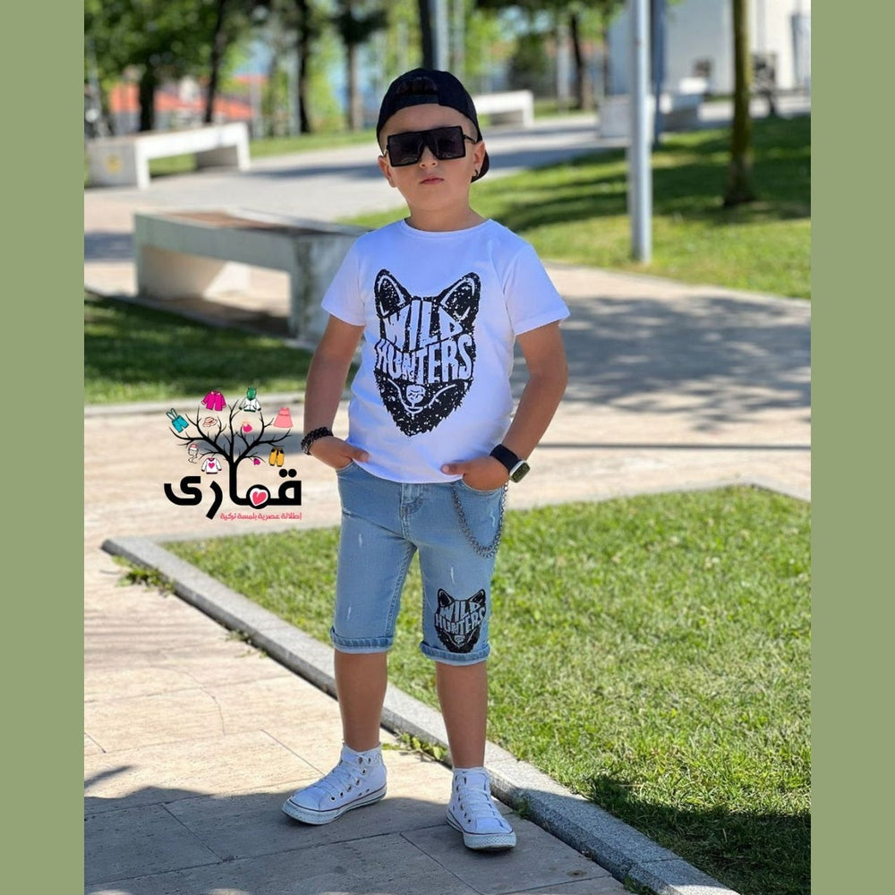 طقم ولادي شورت جينز وكاب ستايل HUNTERS🖤