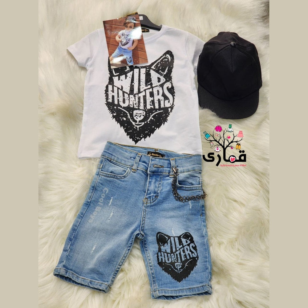 طقم ولادي شورت جينز وكاب ستايل HUNTERS🖤