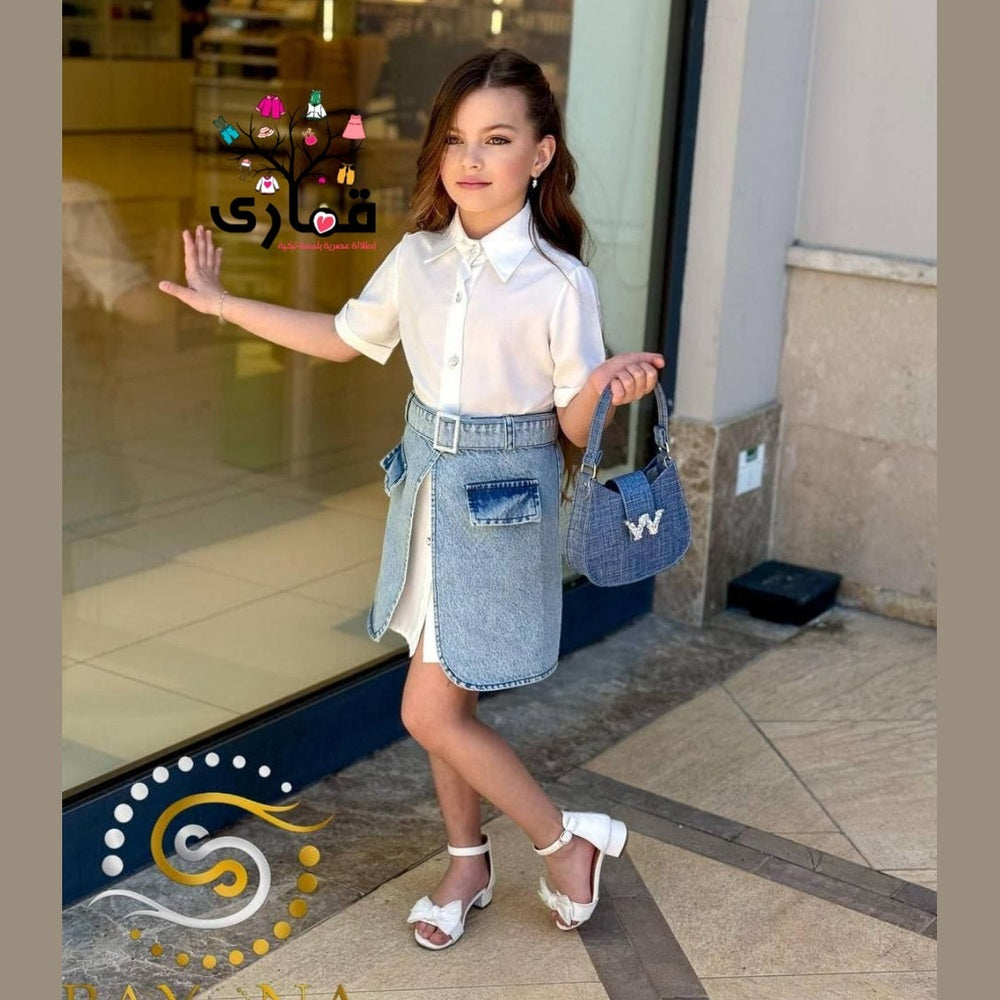 طقم بناتي مودرن شيرت مع فوطة وشنطة جينز