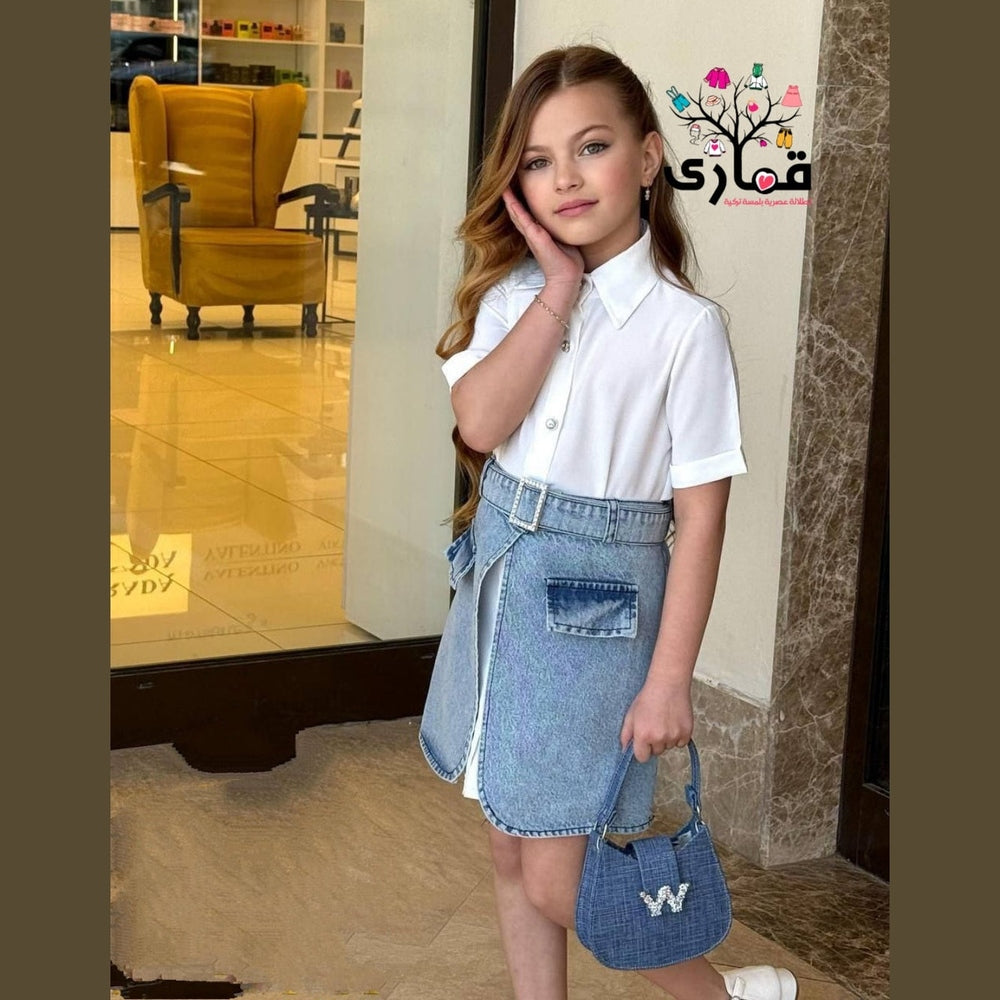 طقم بناتي مودرن شيرت مع فوطة وشنطة جينز