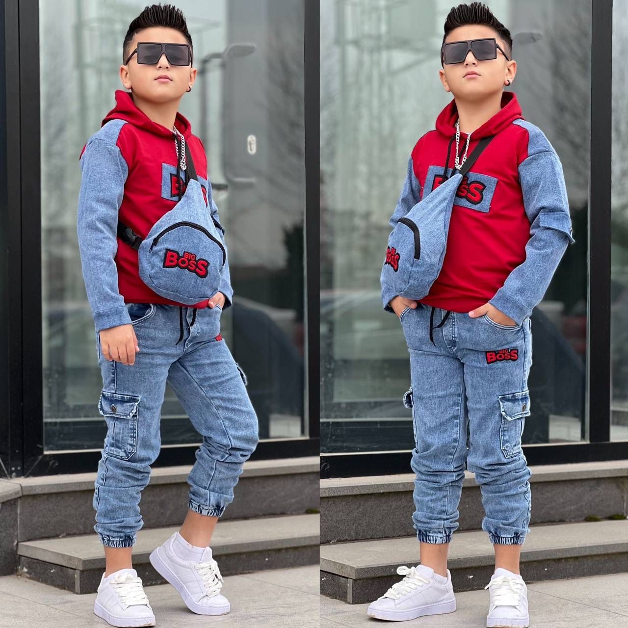 طقم ولادي BIG BOSS-هودي مع بنطلون جينز وحقيبة مطابقة❤