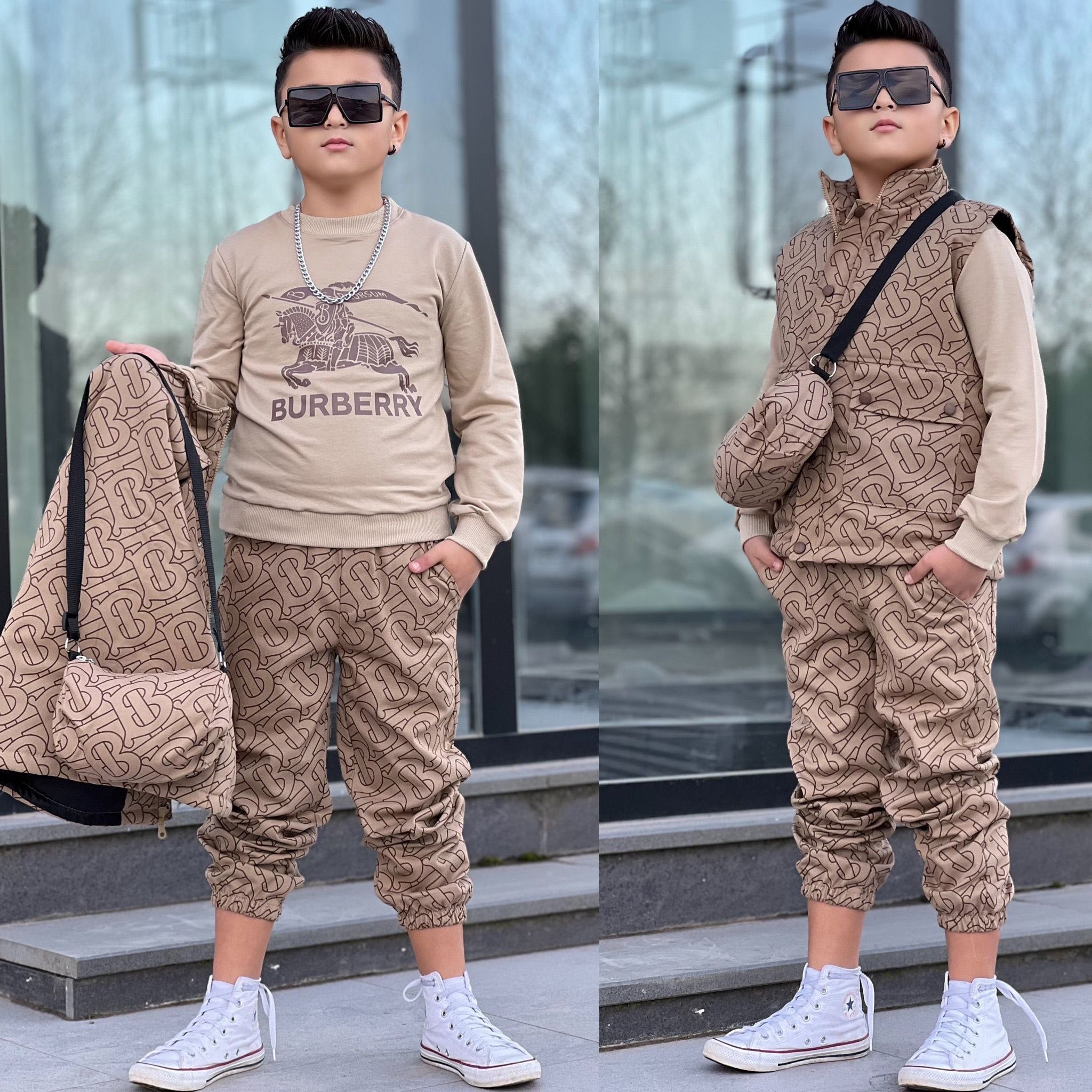 طقم ولادي كاجوال 4 قطع مع الشنطة  BURBERRY🤎