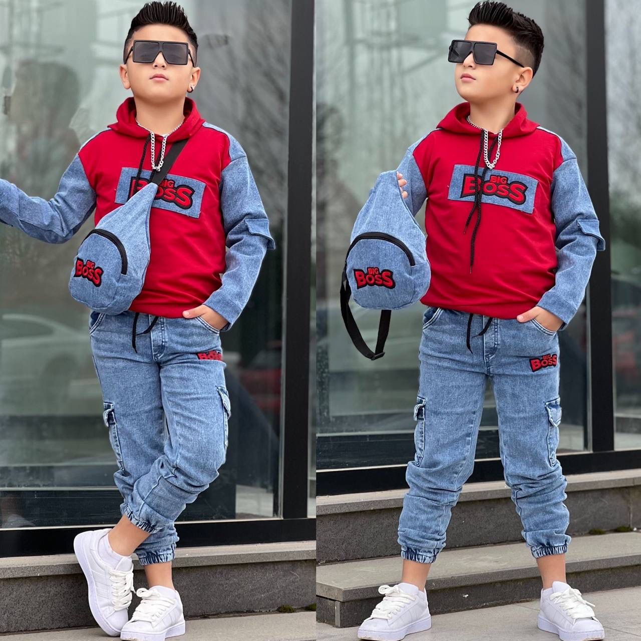 طقم ولادي BIG BOSS-هودي مع بنطلون جينز وحقيبة مطابقة❤